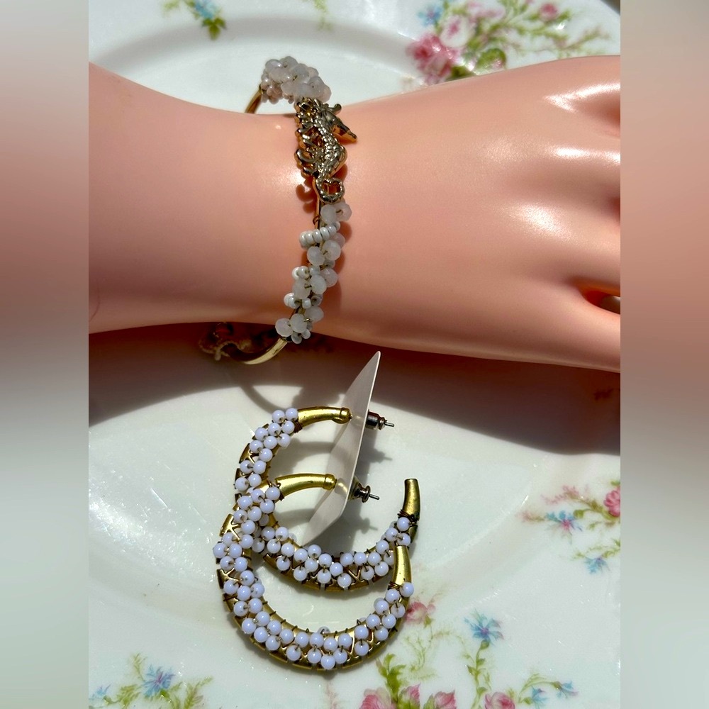 White Beaded Golden Seahorse Cuff Bracelet and Hoops earrings